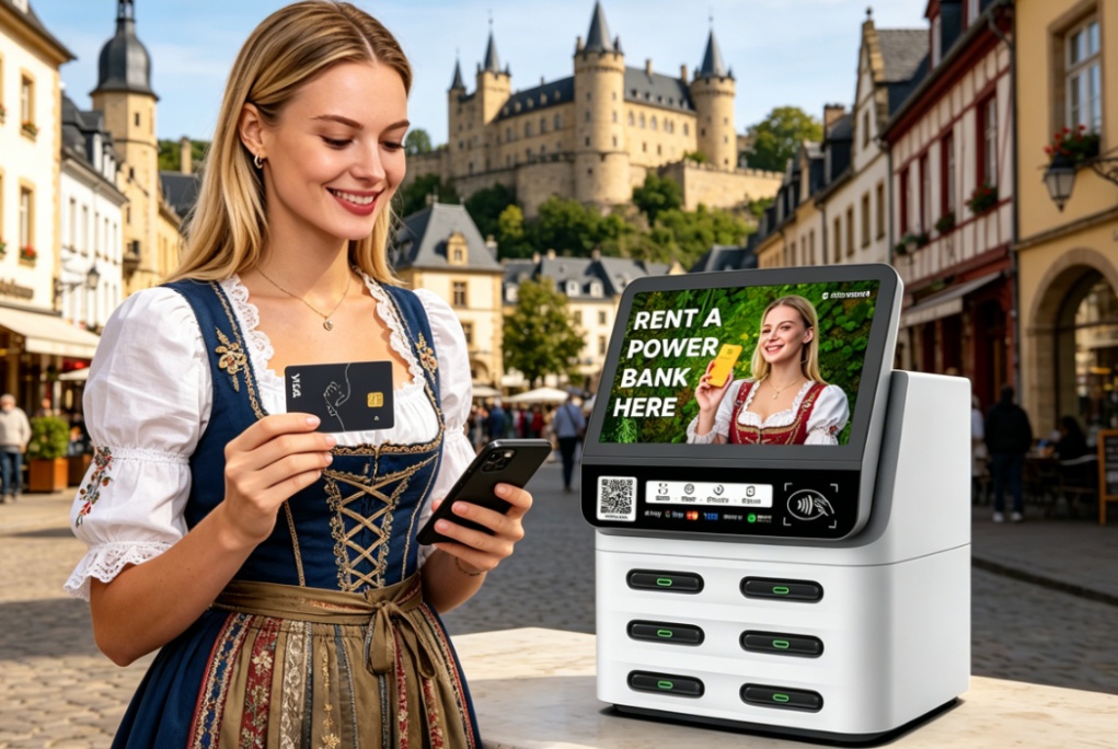 Luxembourg POS shared power bank devices deployed in malls and premium locations, supporting card, NFC, and multiple payment methods